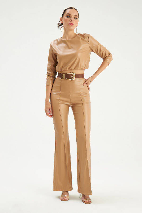 Spanish Wide Leg Leather Pants - Beige - 3