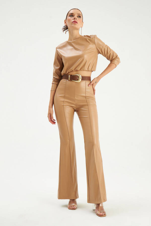 Spanish Wide Leg Leather Pants - Beige - 4