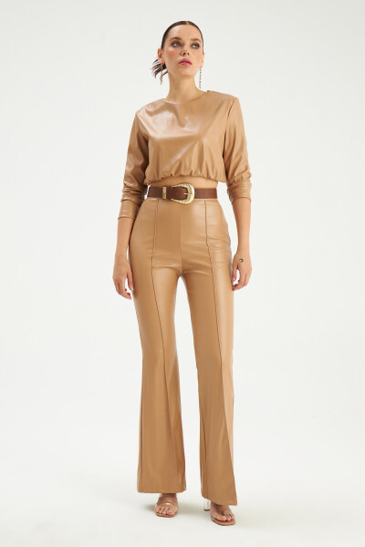 Spanish Wide Leg Leather Pants - Beige - 7