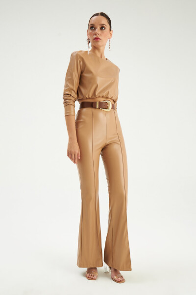 Spanish Wide Leg Leather Pants - Beige - 8