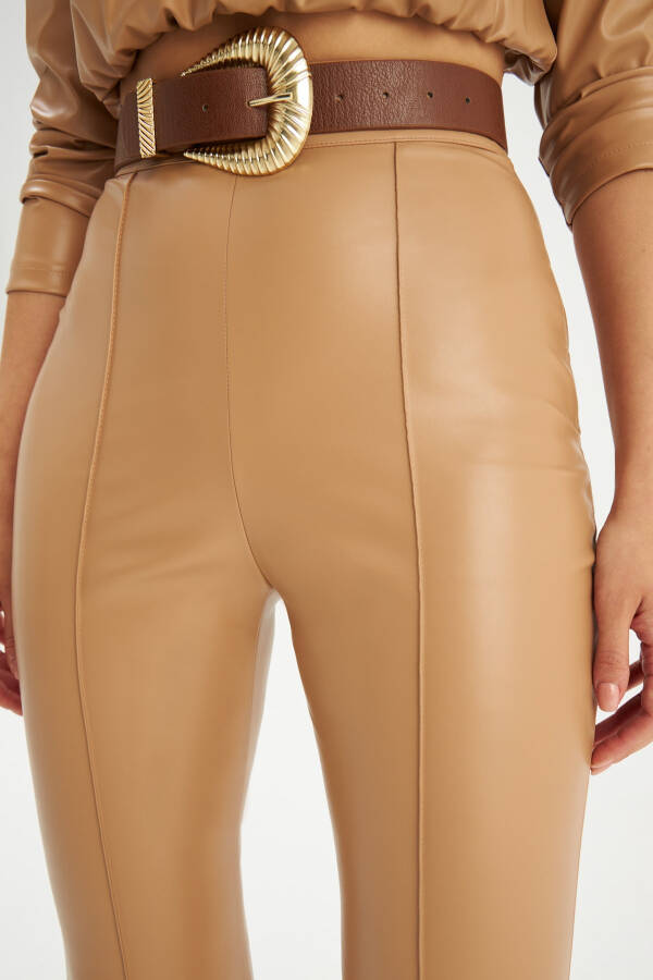 Spanish Wide Leg Leather Pants - Beige - 11