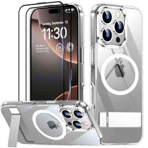 SPIDERCASE iPhone 16 Pro uchun magnitli qopqoq, 2 ta temperlangan shisha ekran himoyachisi, harbiy darajadagi tushirishdan himoya, ko'rinmas stendli yupqa qopqoq, shaffof - 1