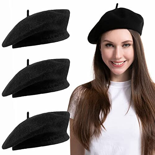 Spooktacular Creations 3 Pack Wool Beret Hat, Black Beret Hats for Women, Women French Beret Hat Solid Color, Warm French Hat Cap - 1