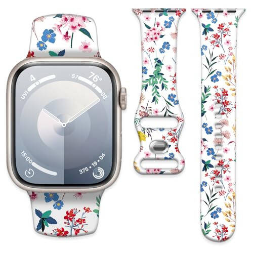 Sport Watch Band Compatible with iWatch Band 38mm 40mm 41mm Women, Soft Silicone Floral Print Sport Strap Replacement Wristbands for iWatch Series Ultra 9 8 7 6 5 4 3 2 1 SE - 1