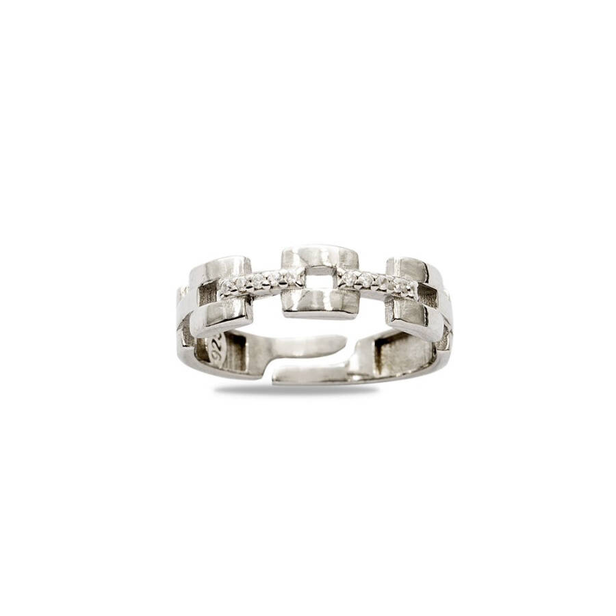 Square Chain Design Silver Color Free Size 925 Sterling Silver Women's Ring with Zircon Stone - 1