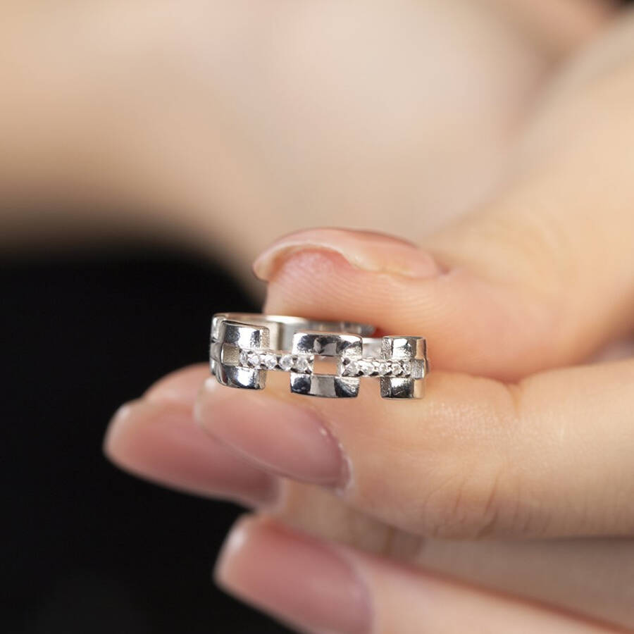 Square Chain Design Silver Color Free Size 925 Sterling Silver Women's Ring with Zircon Stone - 3