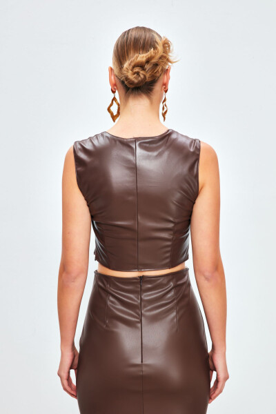 Square Neck Leather Crop Top - Dark Brown - 4