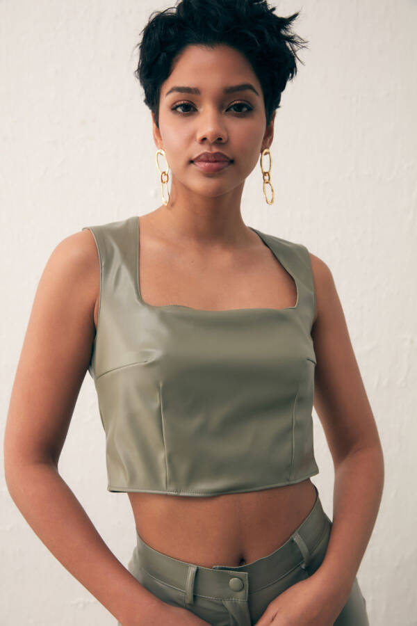 Square Neck Leather Crop Top - Sage Green - 1