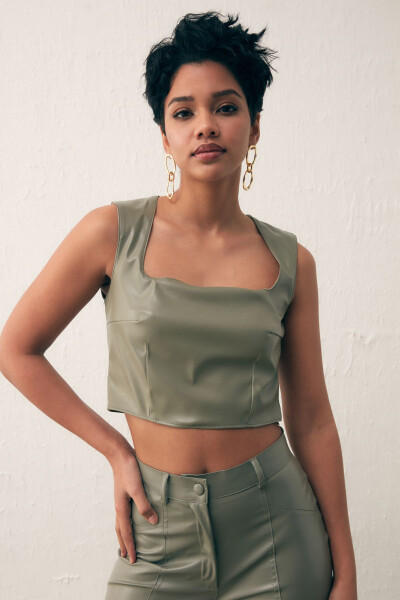 Square Neck Leather Crop Top - Sage Green - 3