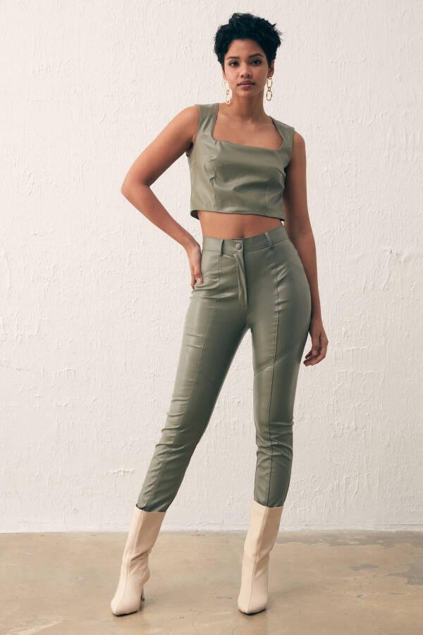 Square Neck Leather Crop Top - Sage Green - 5