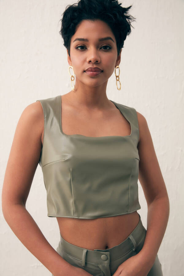 Square Neck Leather Crop Top - Sage Green - 7