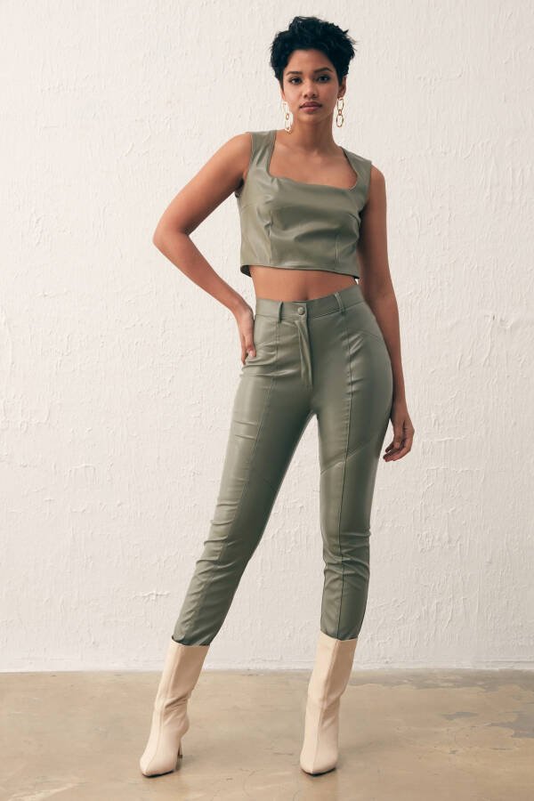 Square Neck Leather Crop Top - Sage Green - 11