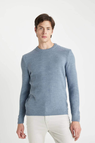 Standard Fit Crew Neck Waffle Sweater Blue - 1