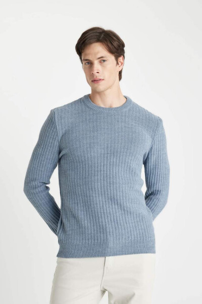 Standard Fit Crew Neck Waffle Sweater Blue - 3