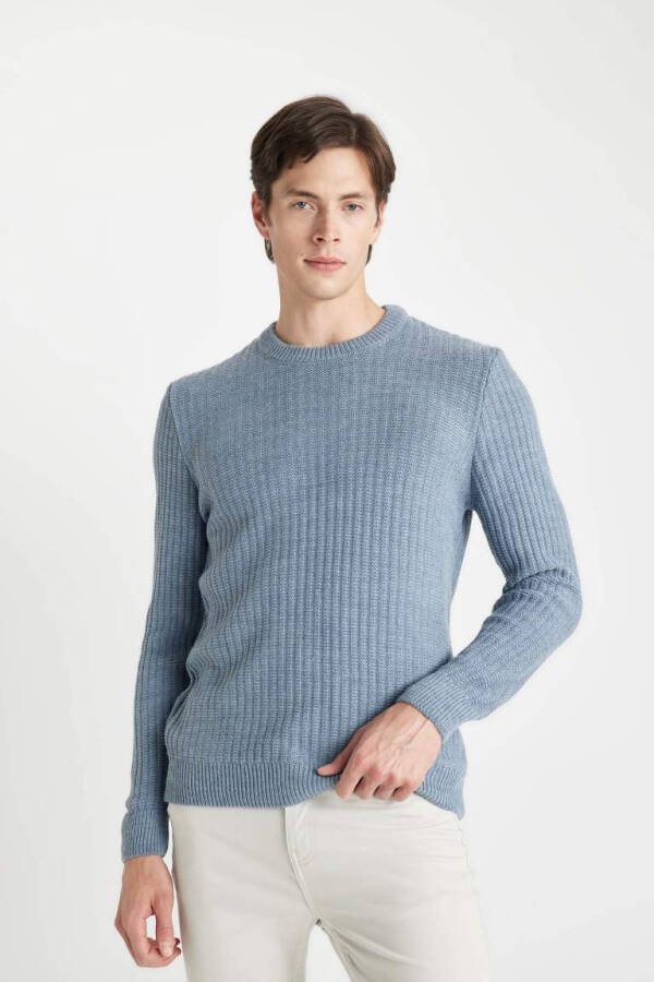 Standard Fit Crew Neck Waffle Sweater Blue - 4