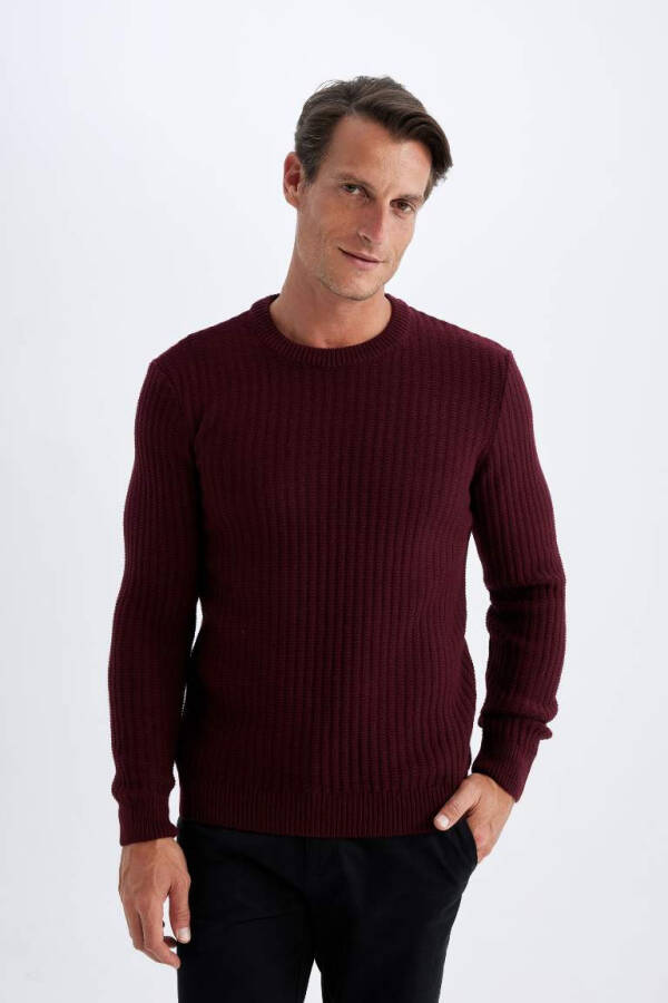 Standard Fit Crew Neck Waffle Sweater Burgundy - 1