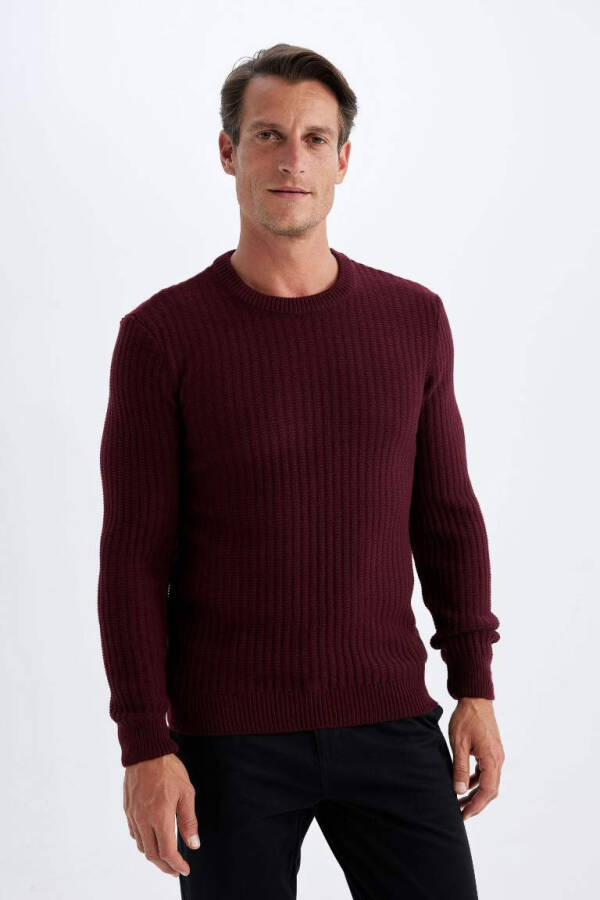 Standard Fit Crew Neck Waffle Sweater Burgundy - 3