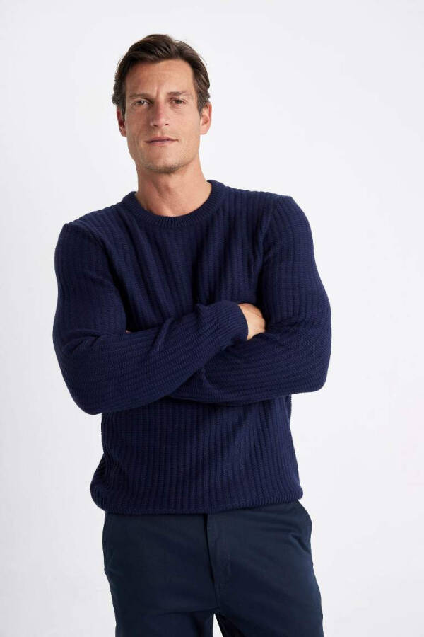 Standard Fit Crew Neck Waffle Sweater Navy - 4