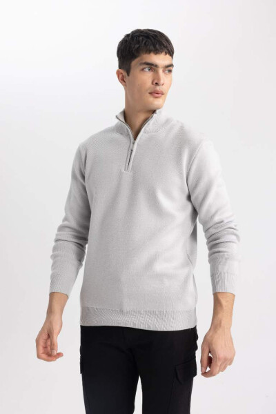 Standard Fit Crew Neck Zippered Sweatshirt Light Grey - 13