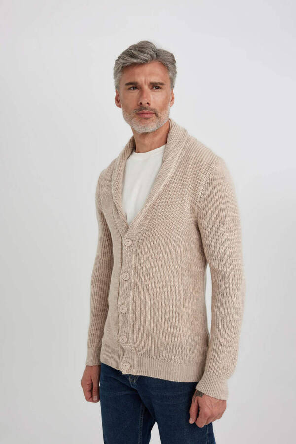 Standard Fit Shawl Collar Salonica Fabric Cardigan Light Beige Melange - 1