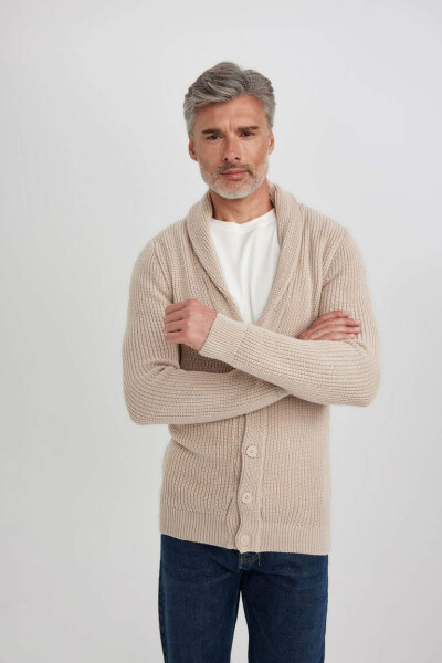 Standard Fit Shawl Collar Salonica Fabric Cardigan Light Beige Melange - 3