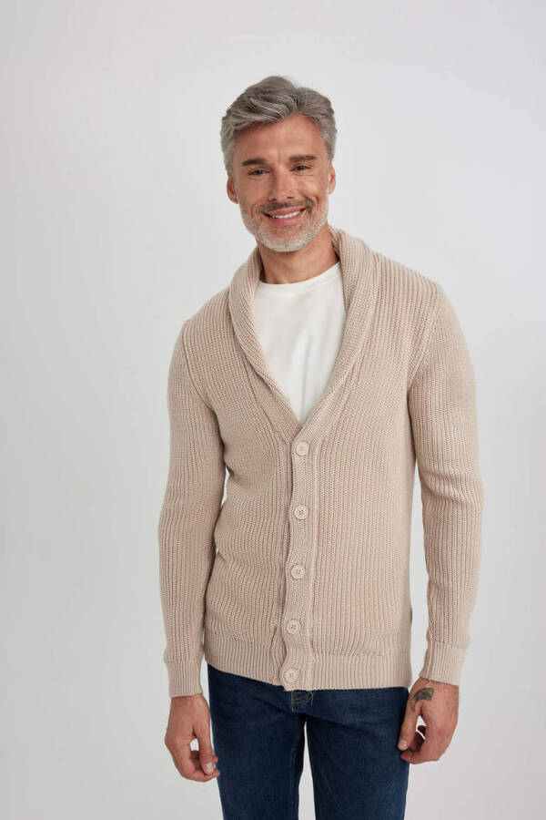 Standard Fit Shawl Collar Salonica Fabric Cardigan Light Beige Melange - 4