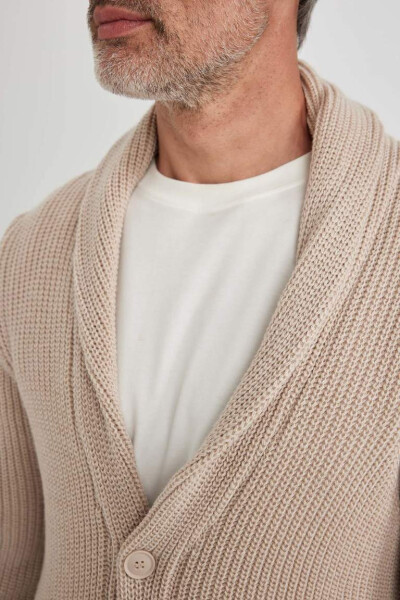 Standard Fit Shawl Collar Salonica Fabric Cardigan Light Beige Melange - 5