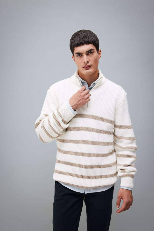 Standard Fit Striped Fisherman's Neck Sweater (Ecru) - 1