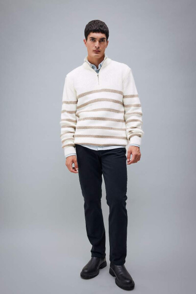 Standard Fit Striped Fisherman's Neck Sweater (Ecru) - 2