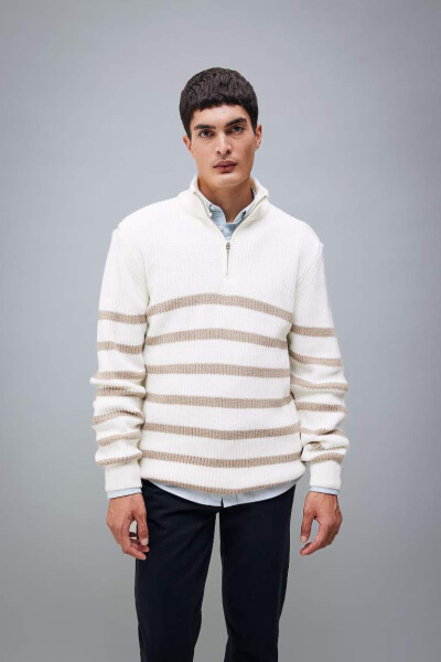 Standard Fit Striped Fisherman's Neck Sweater (Ecru) - 3