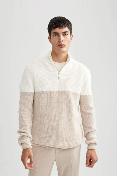 Standard Fit Zippered Neck Knit Sweater, Beige Melange. - 1