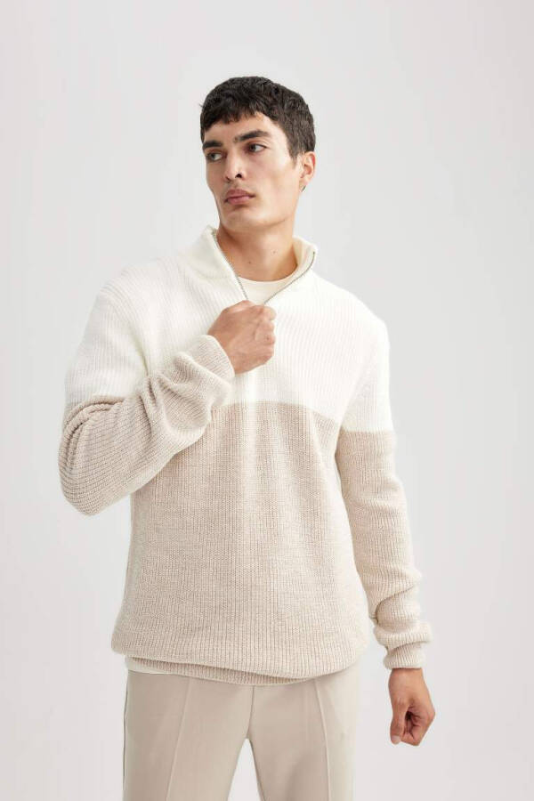 Standard Fit Zippered Neck Knit Sweater, Beige Melange. - 3