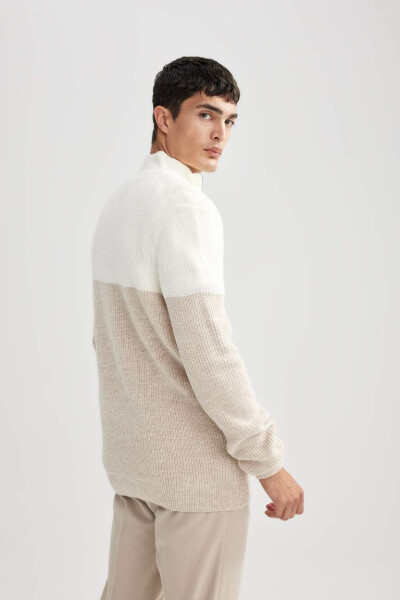 Standard Fit Zippered Neck Knit Sweater, Beige Melange. - 4