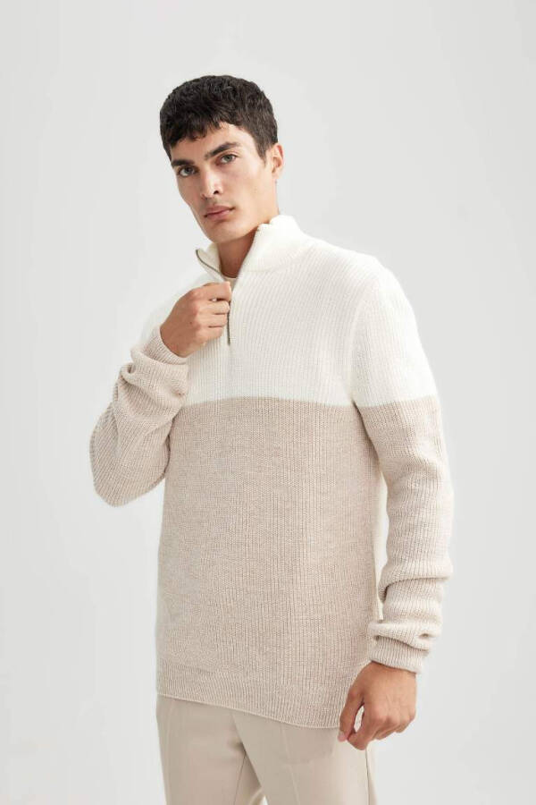 Standard Fit Zippered Neck Knit Sweater, Beige Melange. - 5