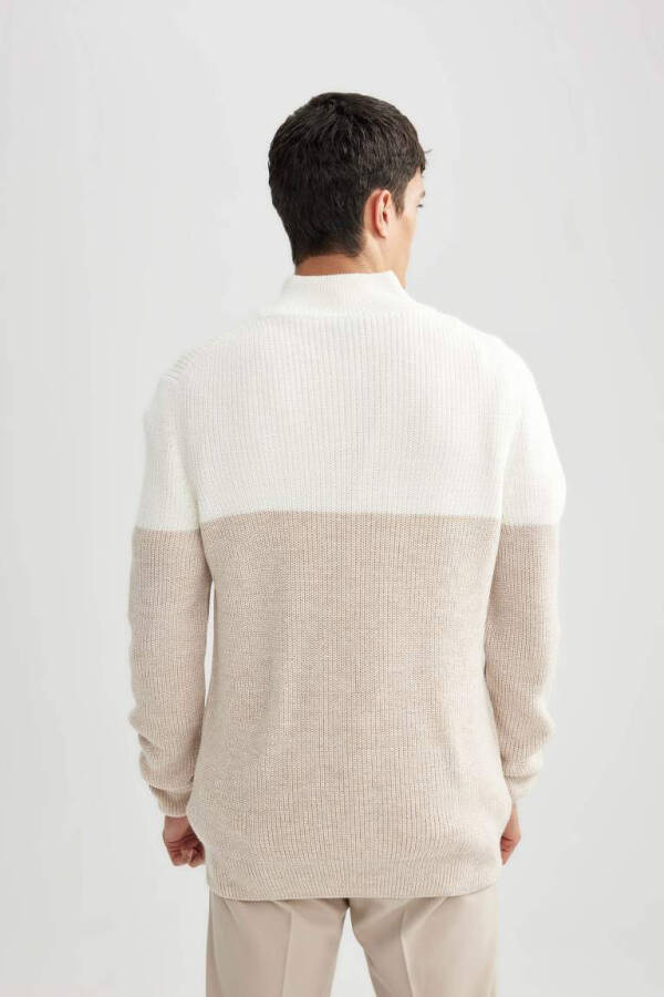 Standard Fit Zippered Neck Knit Sweater, Beige Melange. - 7