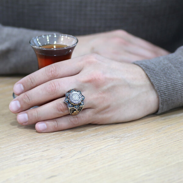 Star Design 925 Sterling Silver Men's Ring with Calligraphy Ayat-ul-Kursi on Blue Compressed Amber - 7