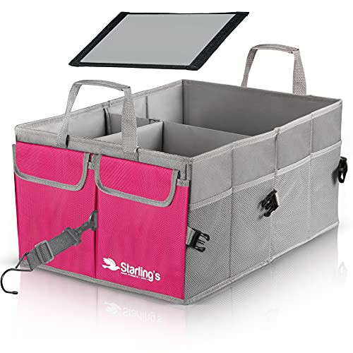 Starling's Car Trunk Organizer - Super Strong, Foldable Storage Cargo Box for SUV, Auto, Truck-Nonslip Waterproof Bottom, Fits any Vehicle, Come w/Tie-Down Straps (Pink, 2 Compartments) - 1