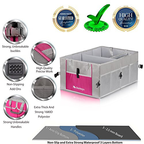 Starling's Car Trunk Organizer - Super Strong, Foldable Storage Cargo Box for SUV, Auto, Truck-Nonslip Waterproof Bottom, Fits any Vehicle, Come w/Tie-Down Straps (Pink, 2 Compartments) - 2