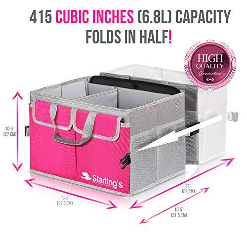 Starling's Car Trunk Organizer - Super Strong, Foldable Storage Cargo Box for SUV, Auto, Truck-Nonslip Waterproof Bottom, Fits any Vehicle, Come w/Tie-Down Straps (Pink, 2 Compartments) - 8