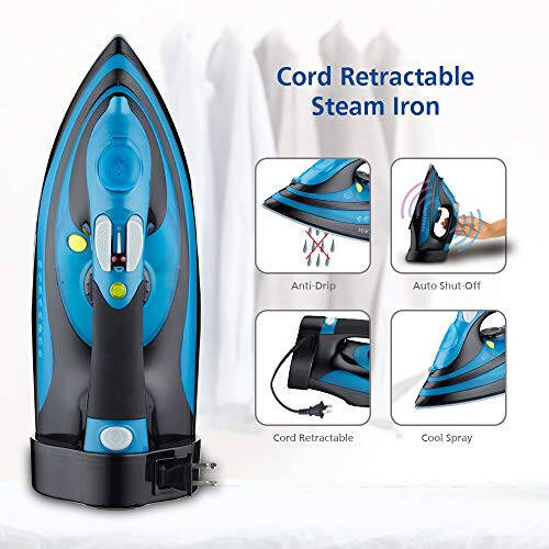 Steam Iron with Ret retractable Cord, 1200W Steam Iron Auto Shut Off, Ceramic Soleplate, MARTISAN product Blue - 4