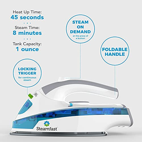 Steamfast SF-710 Mini Steam Iron, Non-Stick Sole Plate, Foldable Handle, Cord Storage, White - 4