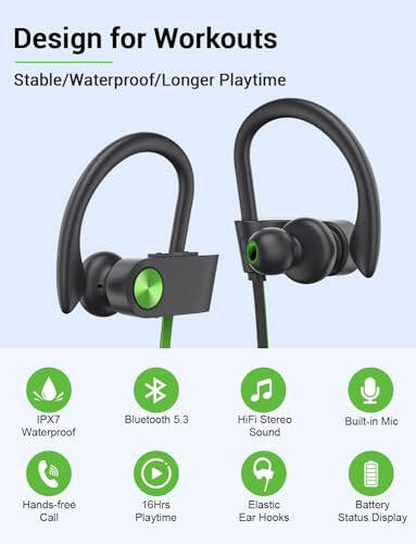 Stiive Bluetooth Kulaklıklar, 5.3 Kablosuz Spor Kulaklıkları IPX7 Su Geçirmez Mikrofonlu, Stereo Ter Proof Kulak İçi Kulaklıklar, Spor Salonu Koşu Antrenmanı İçin Gürültü Önleyici Kulaklıklar, 16 Saat Çalma Süresi - Yeşil Siyah - 2