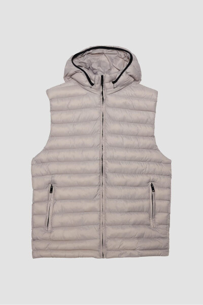 Stone-colored, detachable hooded, slim fit, lined, windproof, pocket puffer vest. - 2