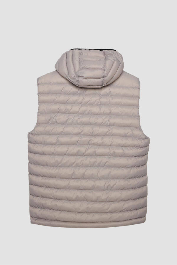 Stone-colored, detachable hooded, slim fit, lined, windproof, pocket puffer vest. - 3