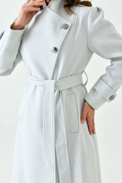 Stone-colored wool coat, buttoned, shawl collar, belted, lined, long sleeves. - 3