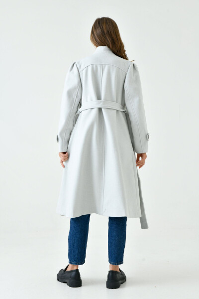 Stone-colored wool coat, buttoned, shawl collar, belted, lined, long sleeves. - 4