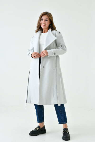 Stone-colored wool coat, buttoned, shawl collar, belted, lined, long sleeves. - 5