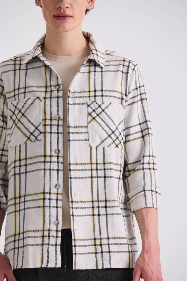 Stone Oversized Loose Fit Plaid Cotton Pocket Lumberjack Shirt - 3