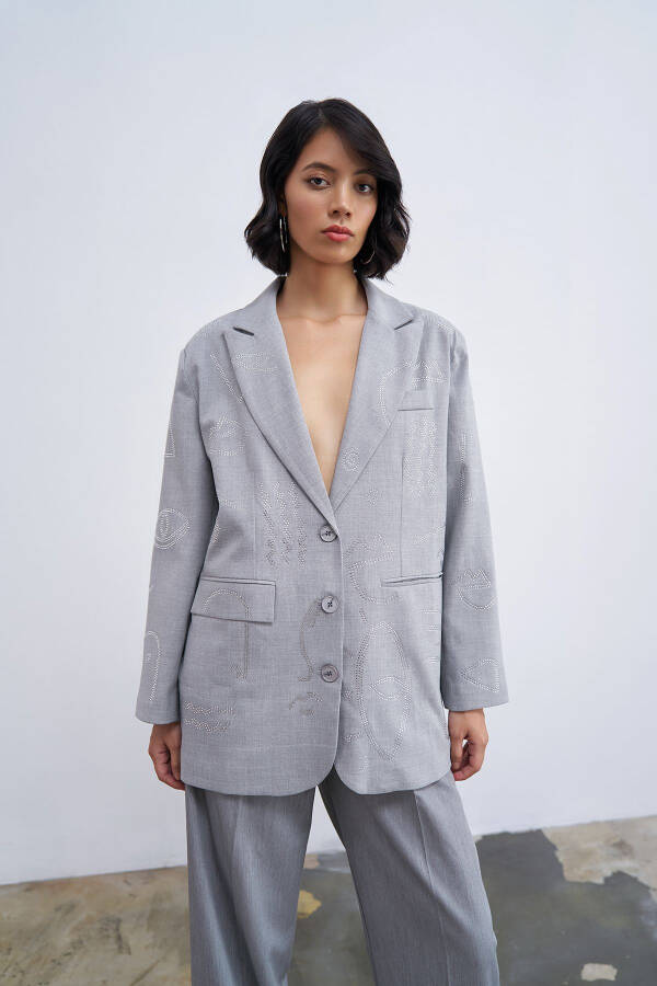 Stone Pattern Double Breasted Oversize Blazer Jacket Light Grey - 1