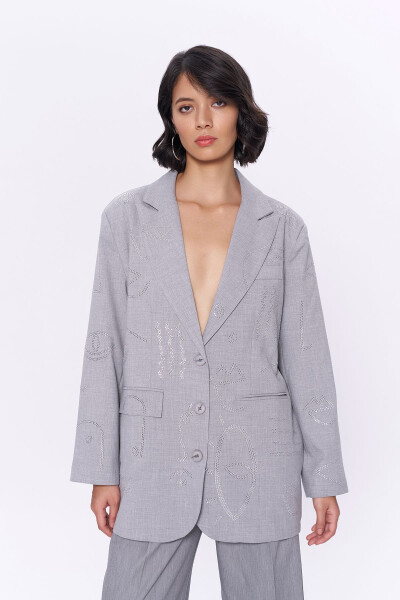 Stone Pattern Double Breasted Oversize Blazer Jacket Light Grey - 4